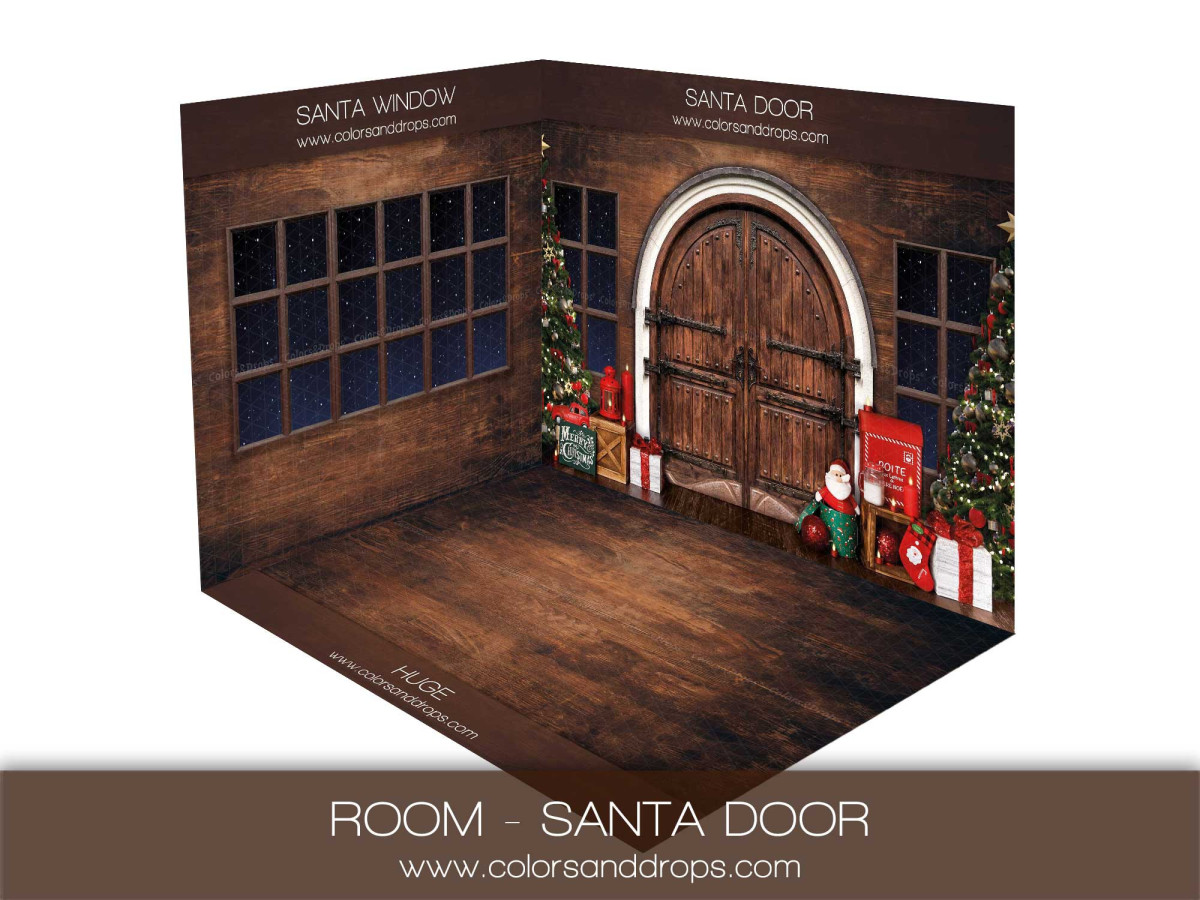 Fond photo d'angle de Noël Santa Door – porte en bois en arche avec cadeaux de Noël | Colors&Drops