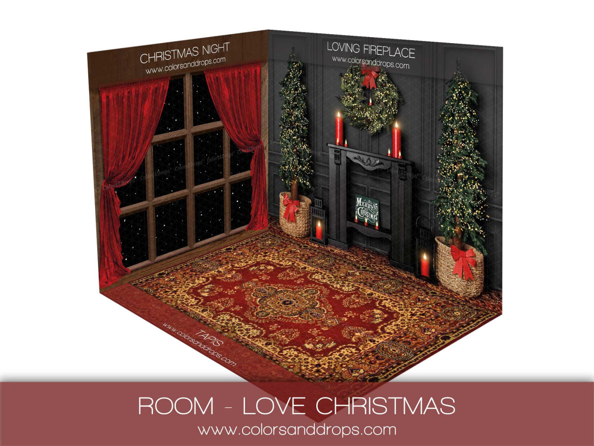 Corner photo backdrop Love Christmas – Christmas corner set with red curtains, fireplace and rug | Colors&Drops