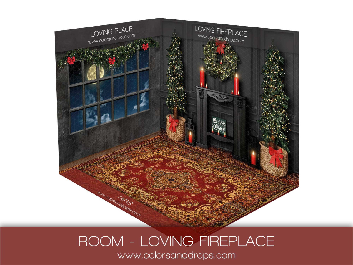 Fond photo d'angle de Noël Loving Fire Place – fenêtre de nuit, cheminée noire et tapis rouge | Colors&Drops