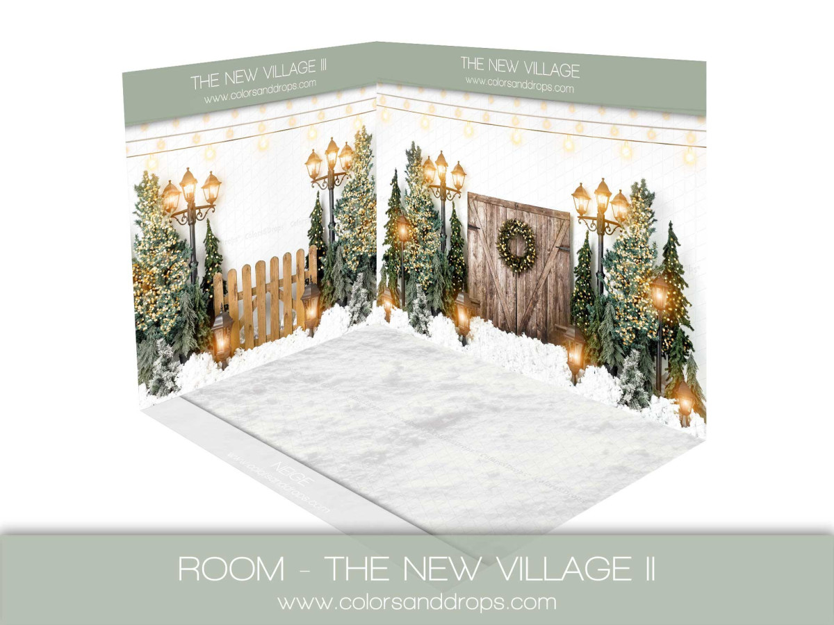 Fondo fotográfico de esquina de Navidad The Village New II – decorado en esquina de pueblo navideño con puerta | Colors&Drops
