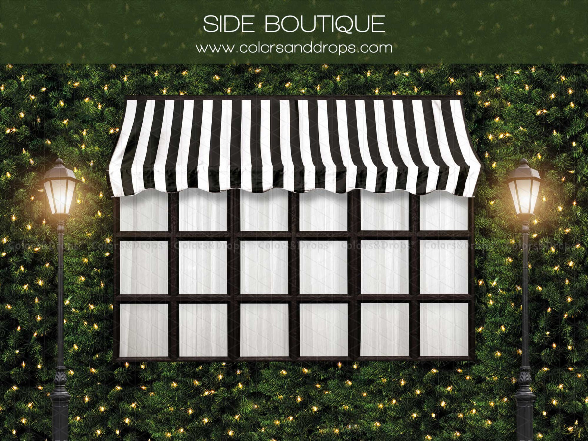 Fondo fotográfico lateral de Navidad Side Boutique – escaparate con toldo blanco y negro sobre seto iluminado | Colors&Drops
