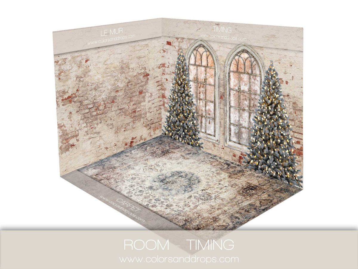 Christmas corner photo backdrop Timing – gothic windows, fir trees and rug | Colors&Drops