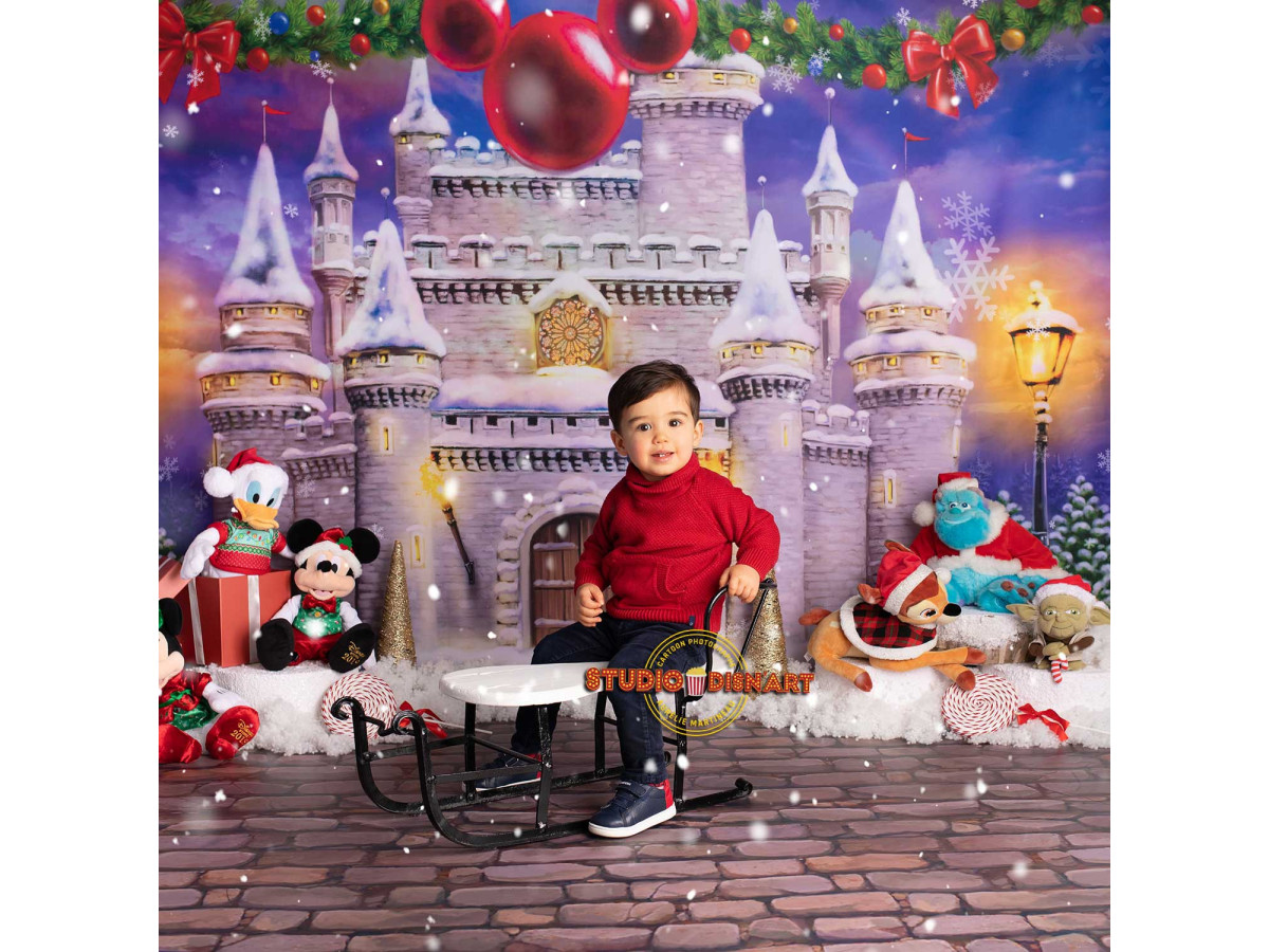 Christmas corner photo backdrop Magic – ferris wheel and Christmas castle on cobblestones | Colors&Drops
