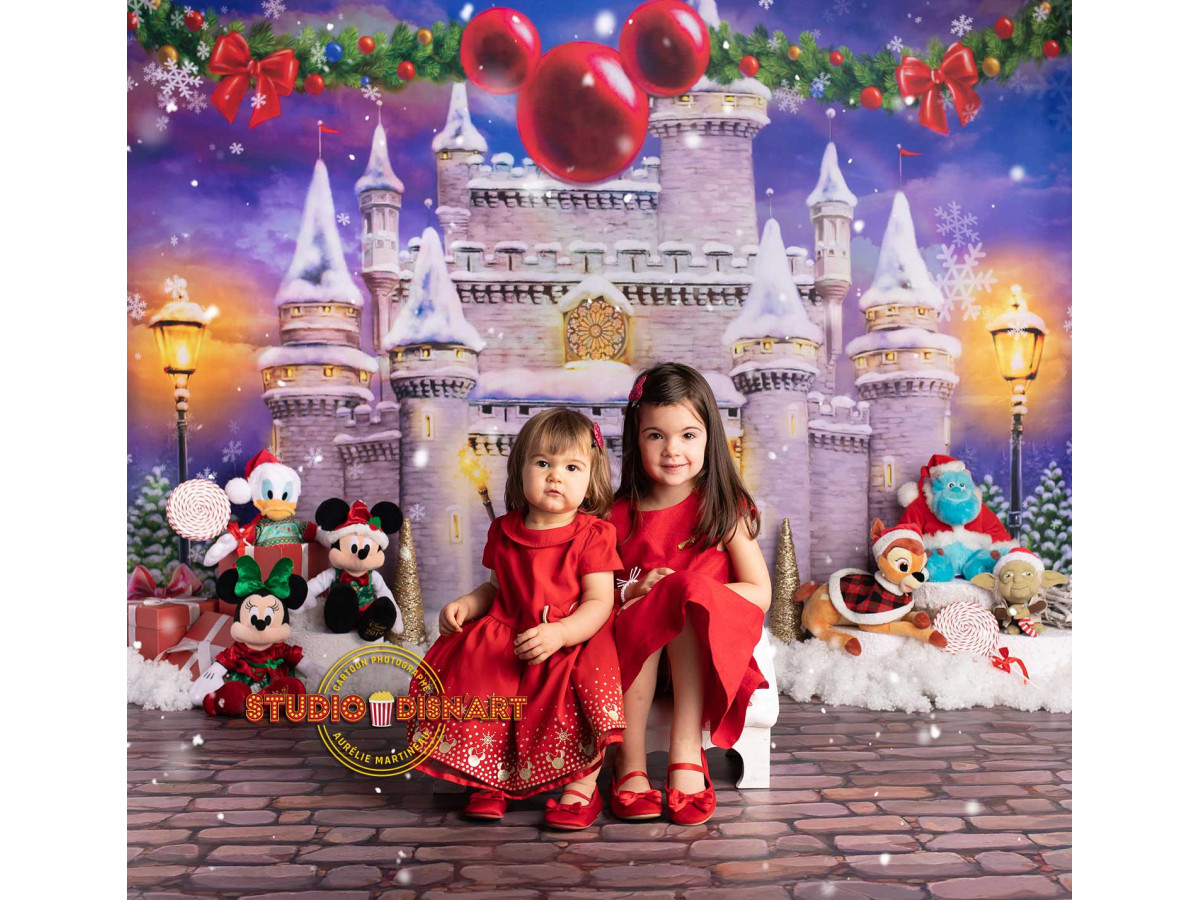 Christmas corner photo backdrop Magic – ferris wheel and Christmas castle on cobblestones | Colors&Drops