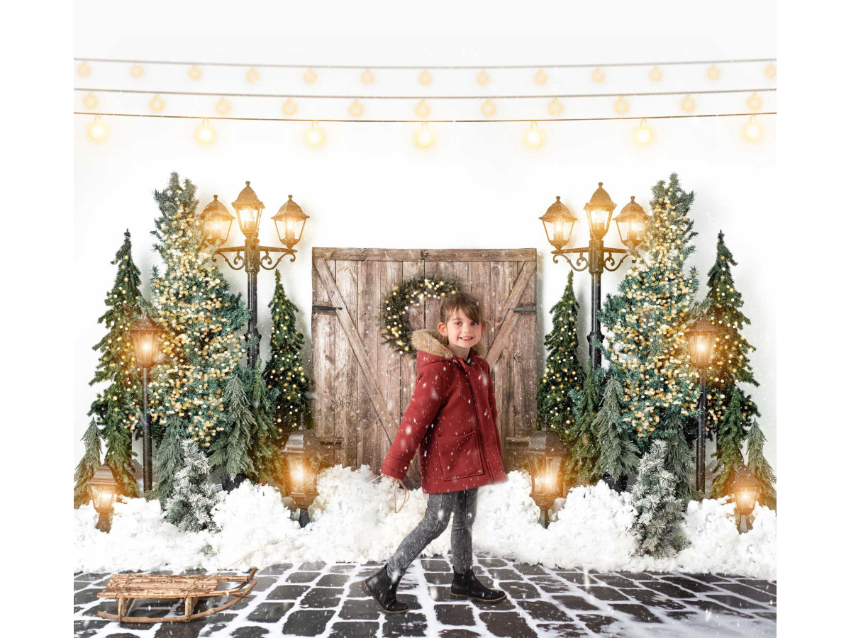 Fond photo d'angle de Noël The Village New II – village de Noël avec porte en bois et lampadaires | Colors&Drops