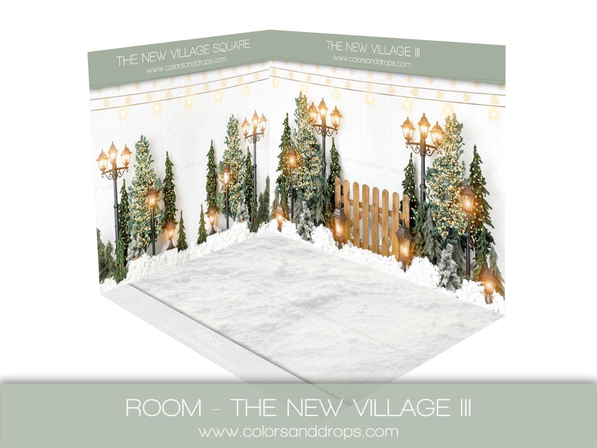 Fond photo d'angle de Noël The Village New III – village de Noël avec sapins et barrière enneigée | Colors&Drops
