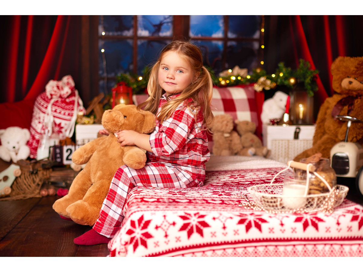 Christmas corner photo backdrop Nounours – red curtain and teddy bears on wooden floor | Colors&Drops