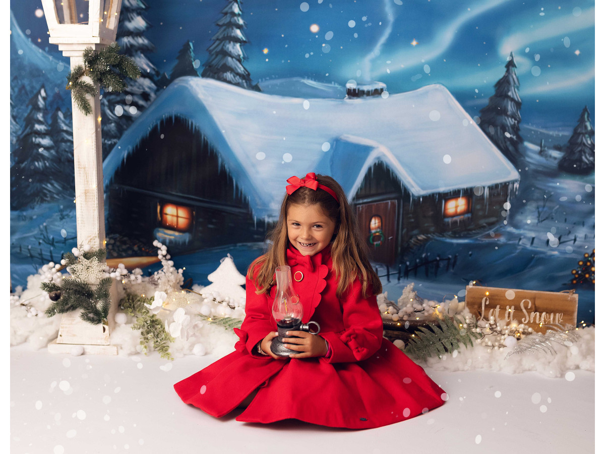 Fondo fotográfico de Navidad Valley – chalet nevado de noche en un valle de abetos | Colors&Drops