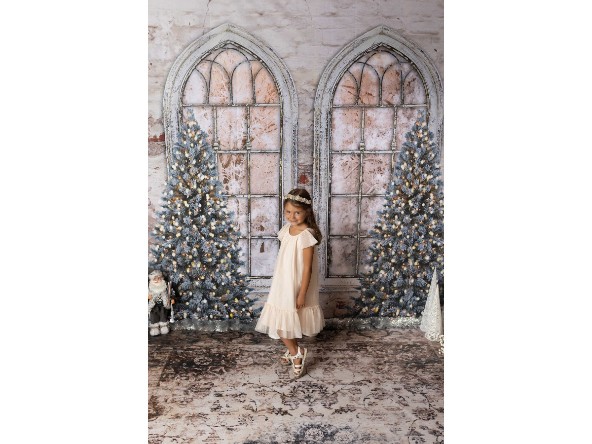 Christmas corner photo backdrop Timing – gothic windows, fir trees and rug | Colors&Drops