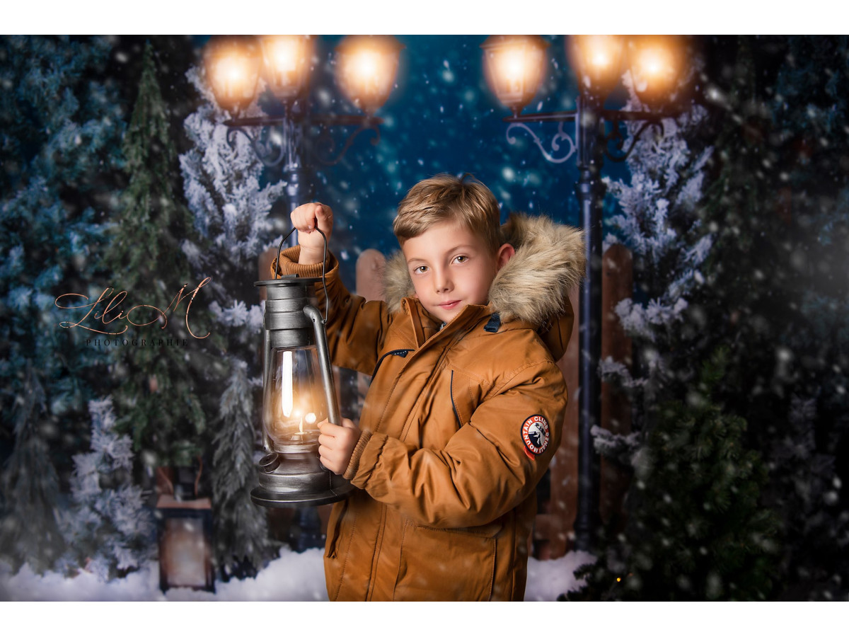 Fondo fotográfico de esquina de Navidad The Village – abetos nevados de noche con farolas y portón de madera | Colors&Drops