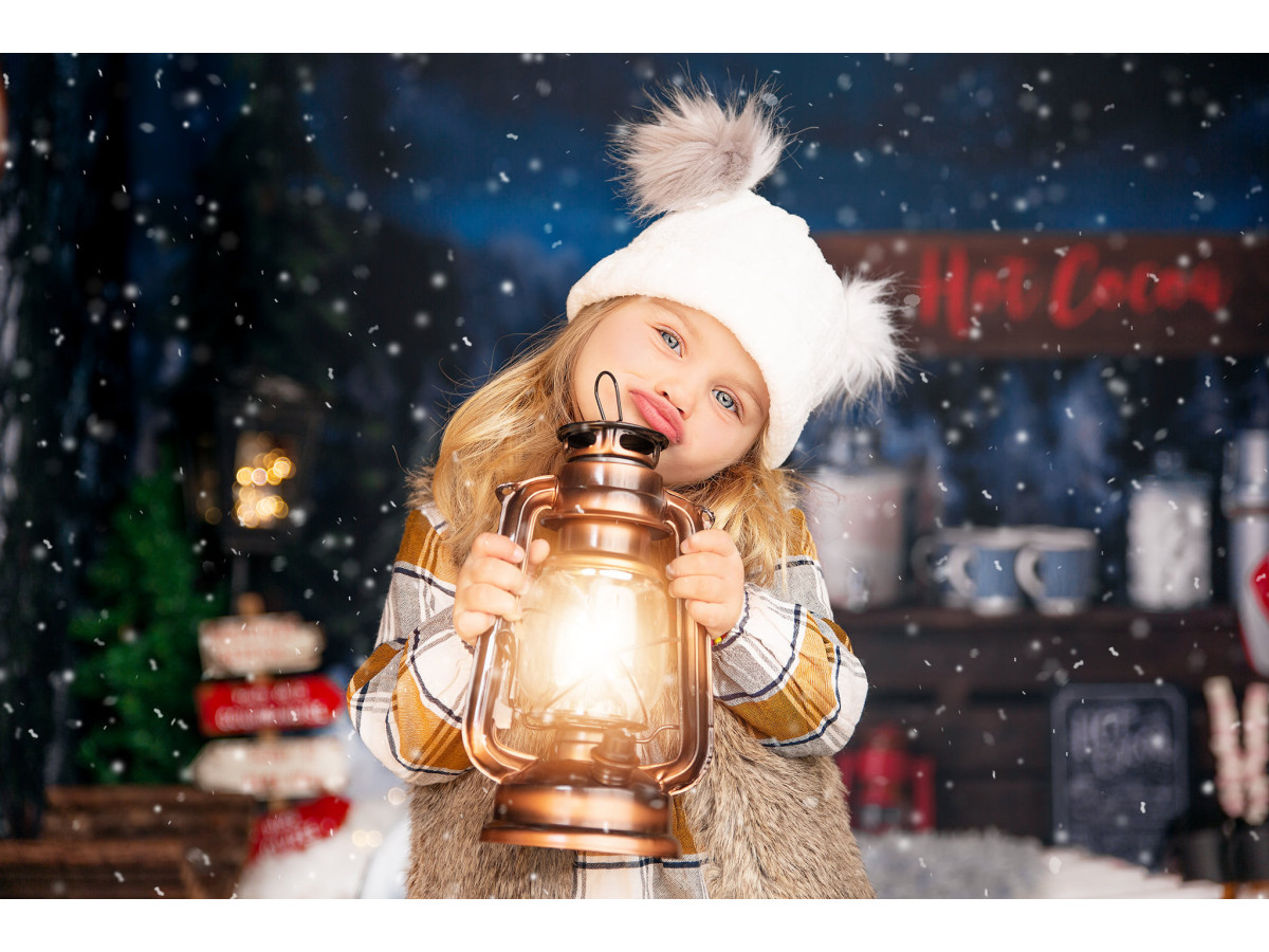 Christmas corner photo backdrop Winter Hot Cocoa – snowy hot chocolate stand corner set | Colors&Drops