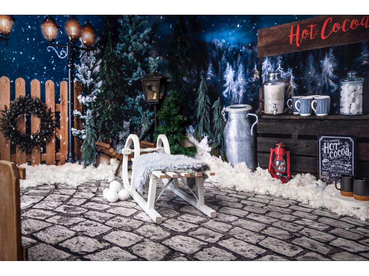 Christmas corner photo backdrop Winter Hot Cocoa – snowy hot chocolate stand corner set | Colors&Drops