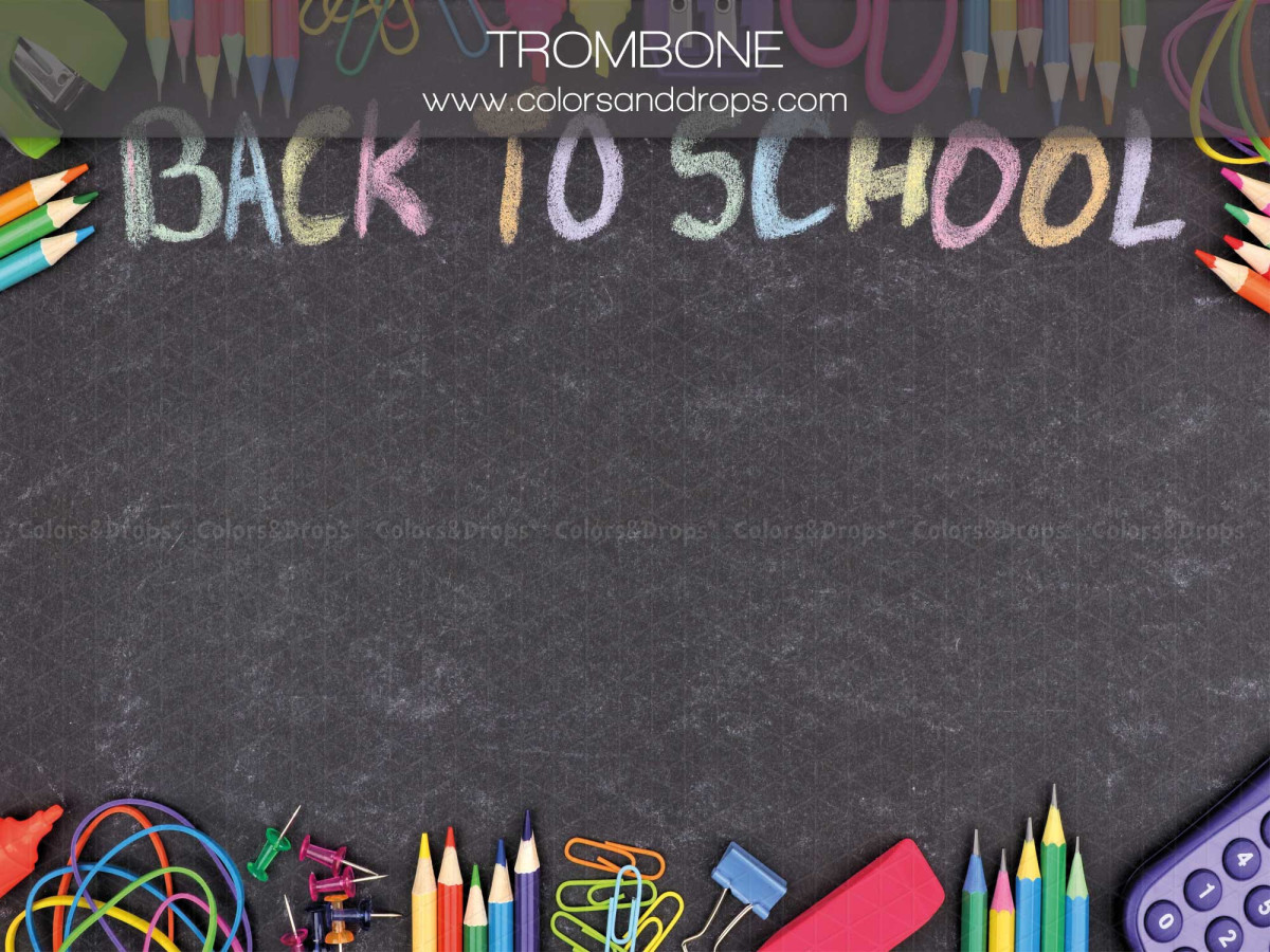 School portrait photo backdrop Trombone – back to school chalkboard with pencils and supplies | Colors&Drops