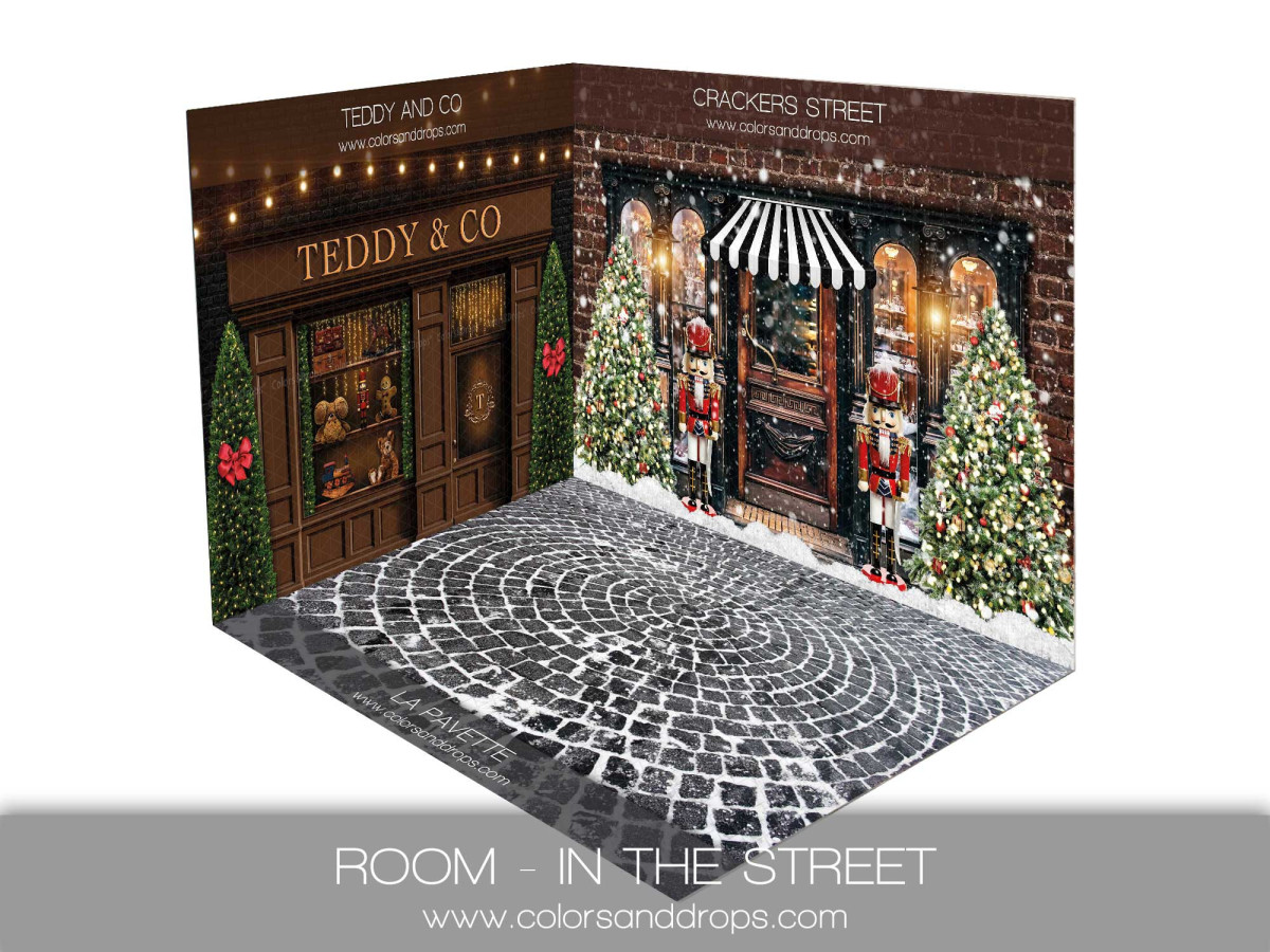 Fond photo d'angle de Noël In the Street – rue de Noël avec boutiques et pavés | Colors&Drops