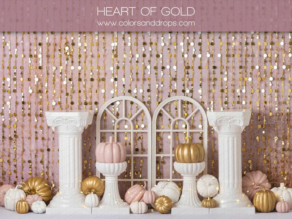 Fondo fotográfico de bebé y smash cake Heart of Gold – cortina de cuentas doradas con columnas y calabazas | Colors&Drops