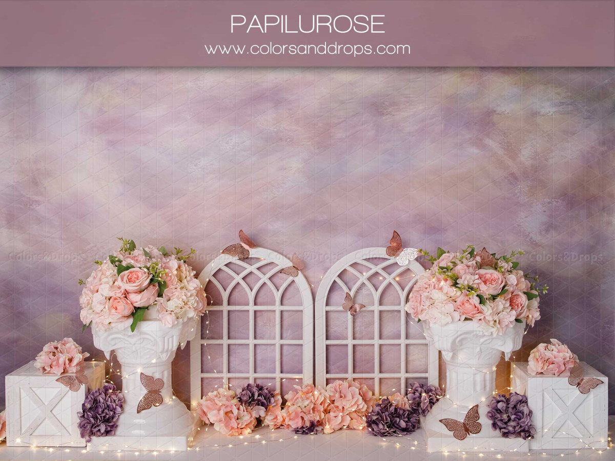 Baby & cake smash photo backdrop Papilurose – white windows with rose bouquets and butterflies | Colors&Drops