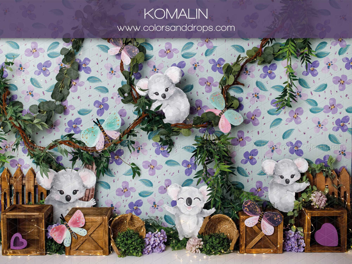 Baby & cake smash photo backdrop Komalin – floral wallpaper with plush koalas and ivy | Colors&Drops