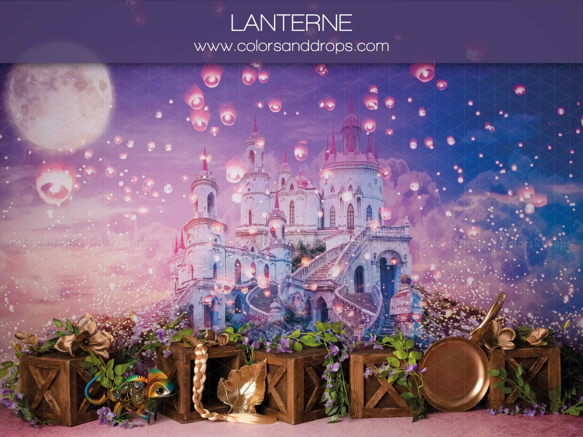 Baby & cake smash photo backdrop Lanterne – fairy tale castle with floating lanterns and moon | Colors&Drops