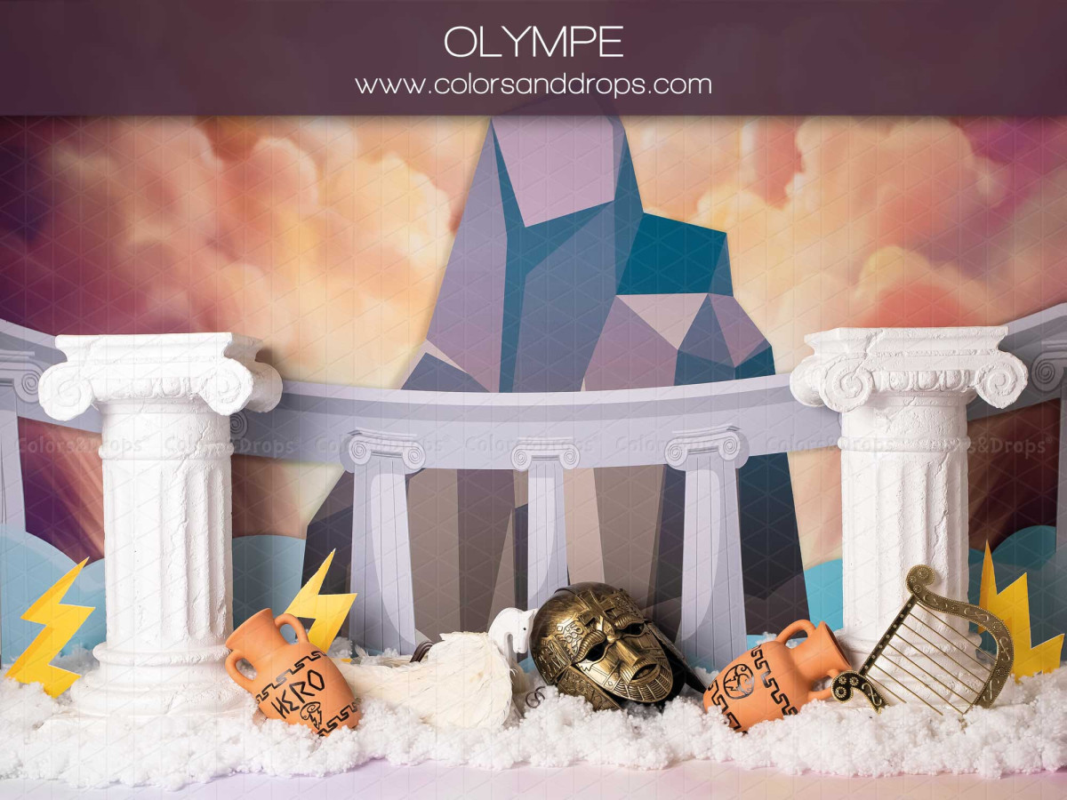 Fond photo bébé et smash cake Olympe – temple grec avec colonnes, éclairs et nuages | Colors&Drops