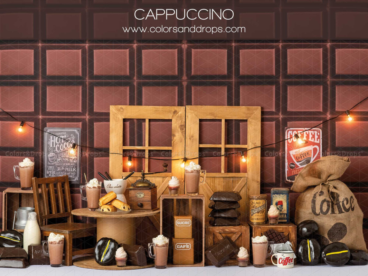 Fond photo bébé et smash cake Cappucinno – café en bois avec fenêtres, tasses et sacs de café | Colors&Drops