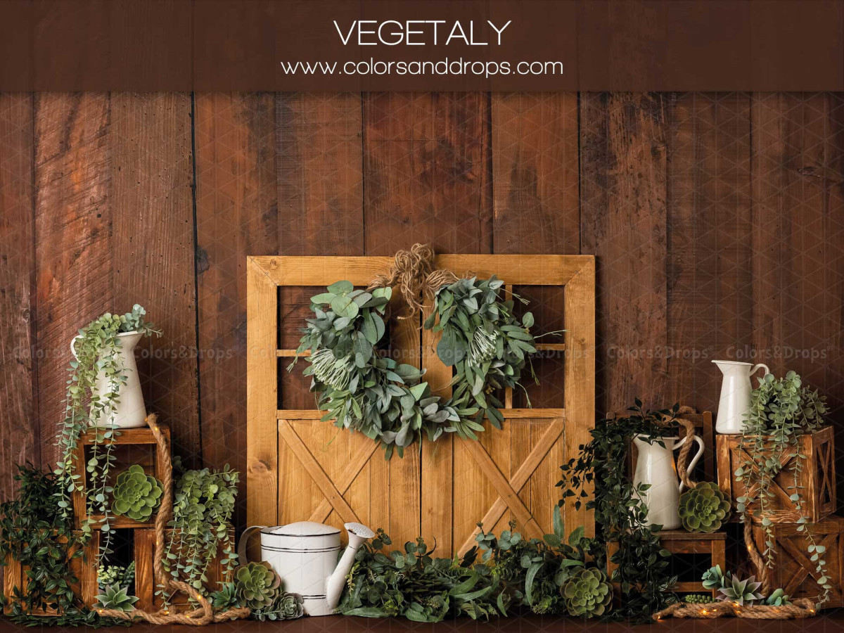 Baby & cake smash photo backdrop Vegetaly – wooden wall with barn door and green plants | Colors&Drops