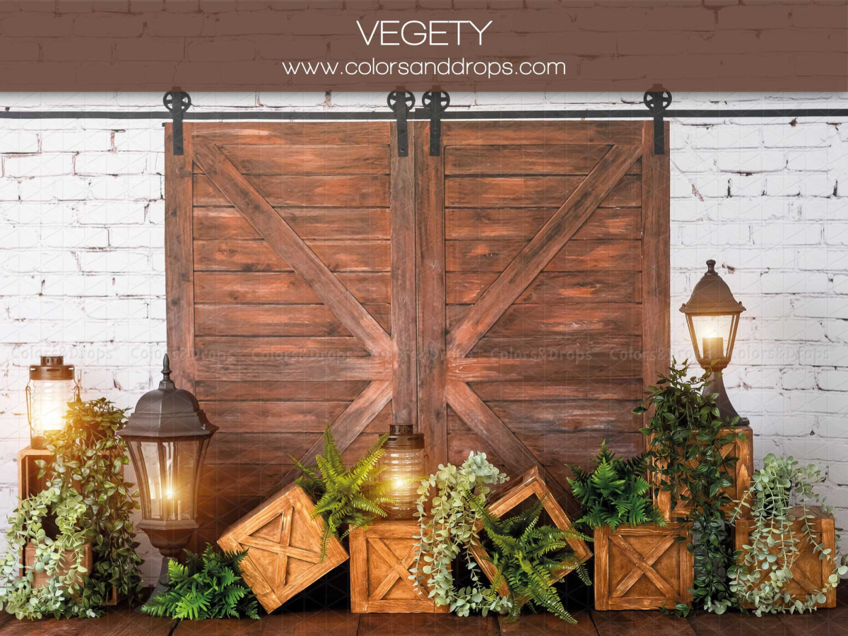 Fondo fotográfico de bebé y smash cake Vegety – puerta de granero de madera en pared de ladrillo blanca con | Colors&Drops
