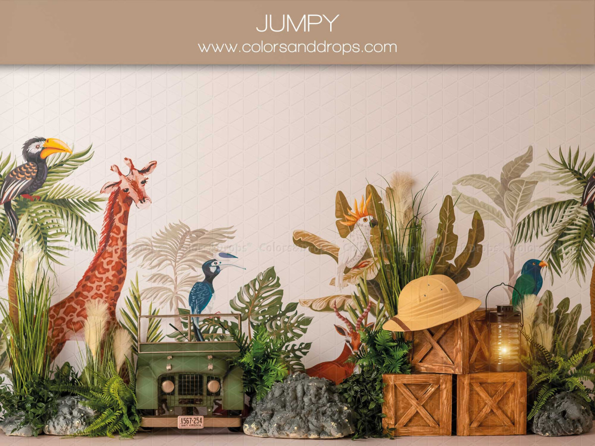 Fondo fotográfico de bebé y smash cake Jumpy – safari con jirafa, aves exóticas y jeep | Colors&Drops