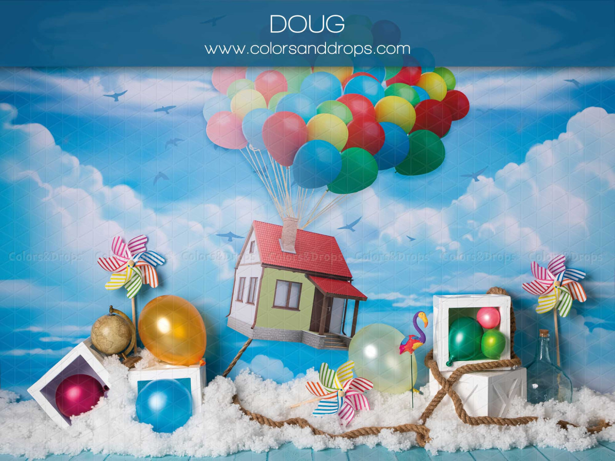 Fond photo bébé et smash cake Doug – maison volante avec ballons dans le ciel | Colors&Drops
