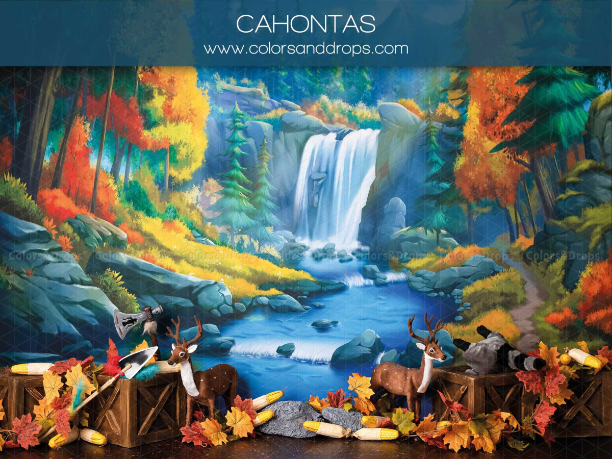 Baby & cake smash photo backdrop Cahontas – painted autumn forest with waterfall and river | Colors&Drops