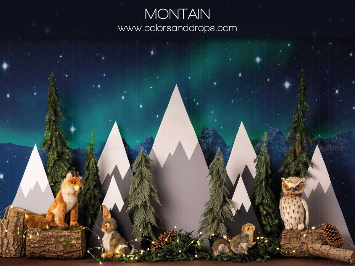 Fond photo bébé et smash cake Montain – montagnes enneigées et forêt de sapins la nuit avec animaux | Colors&Drops