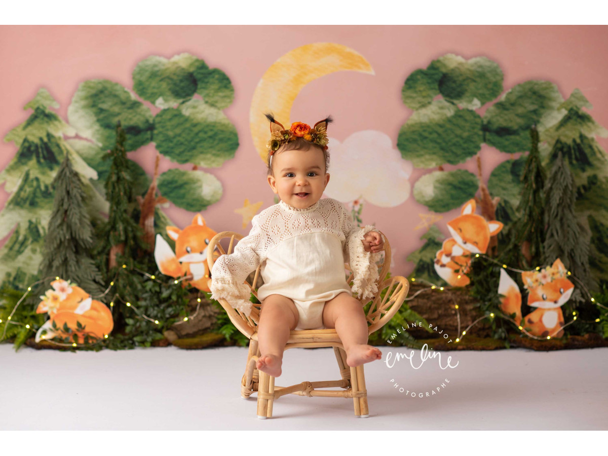 Fond photo bébé et smash cake Renardo – forêt peinte avec renards, lune et sapins | Colors&Drops