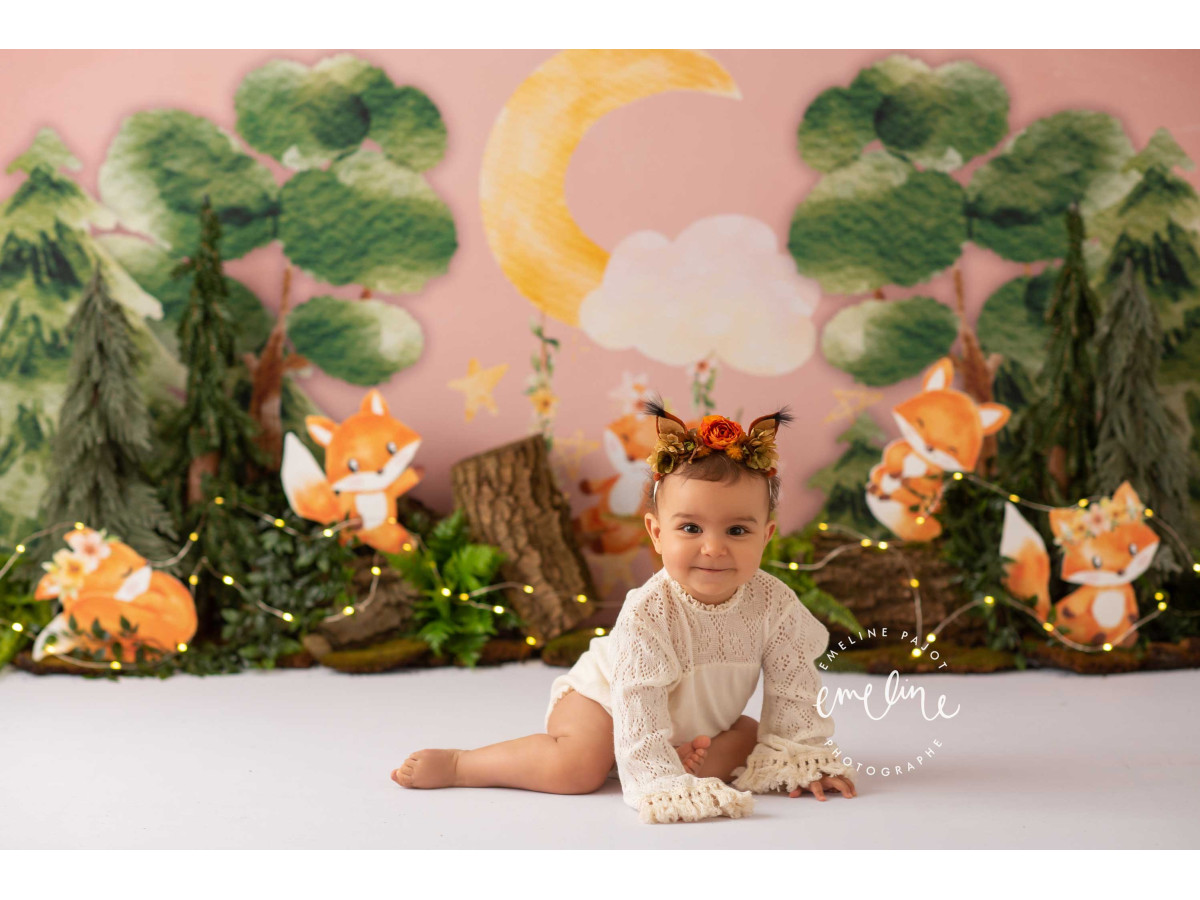 Fond photo bébé et smash cake Renardo – forêt peinte avec renards, lune et sapins | Colors&Drops