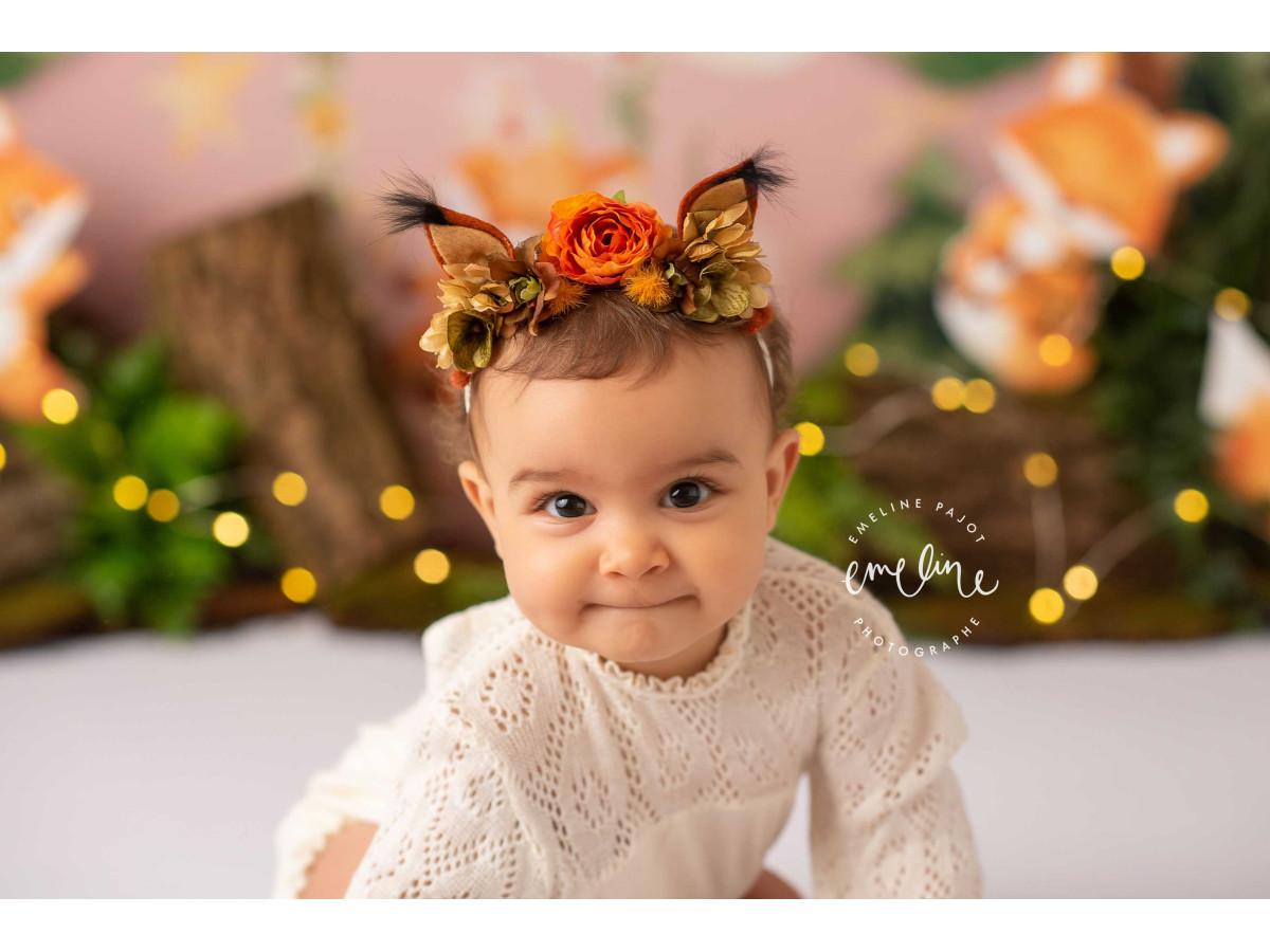 Fond photo bébé et smash cake Renardo – forêt peinte avec renards, lune et sapins | Colors&Drops