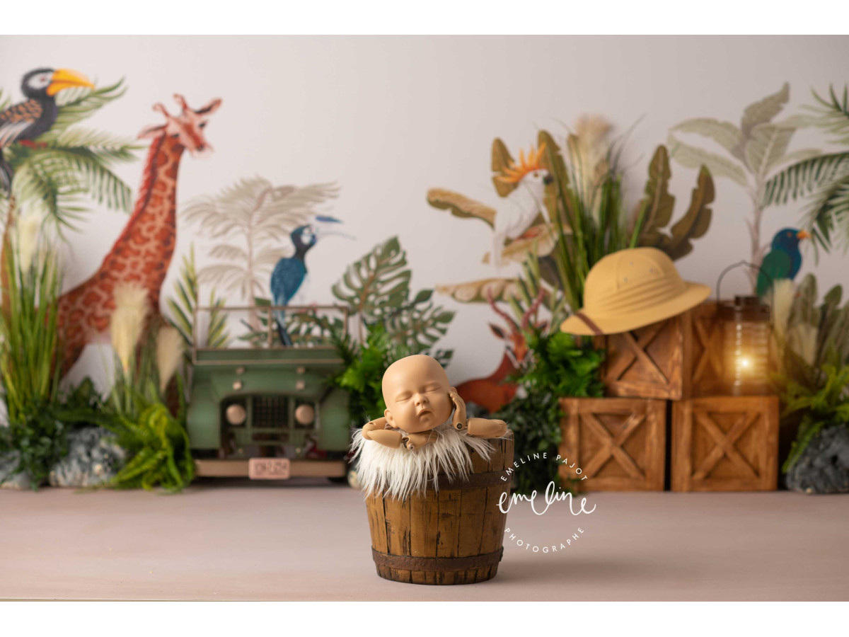 Fondo fotográfico de bebé y smash cake Jumpy – safari con jirafa, aves exóticas y jeep | Colors&Drops