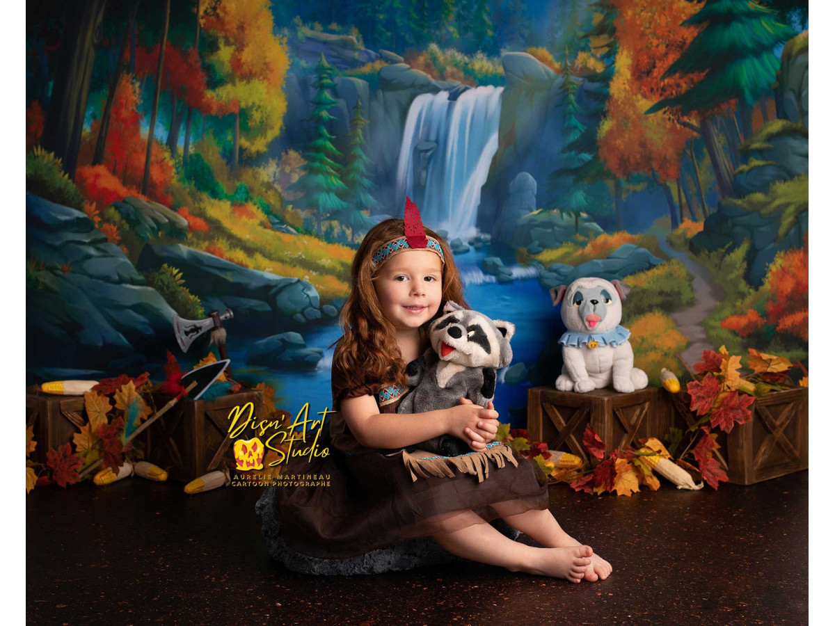 Baby & cake smash photo backdrop Cahontas – painted autumn forest with waterfall and river | Colors&Drops