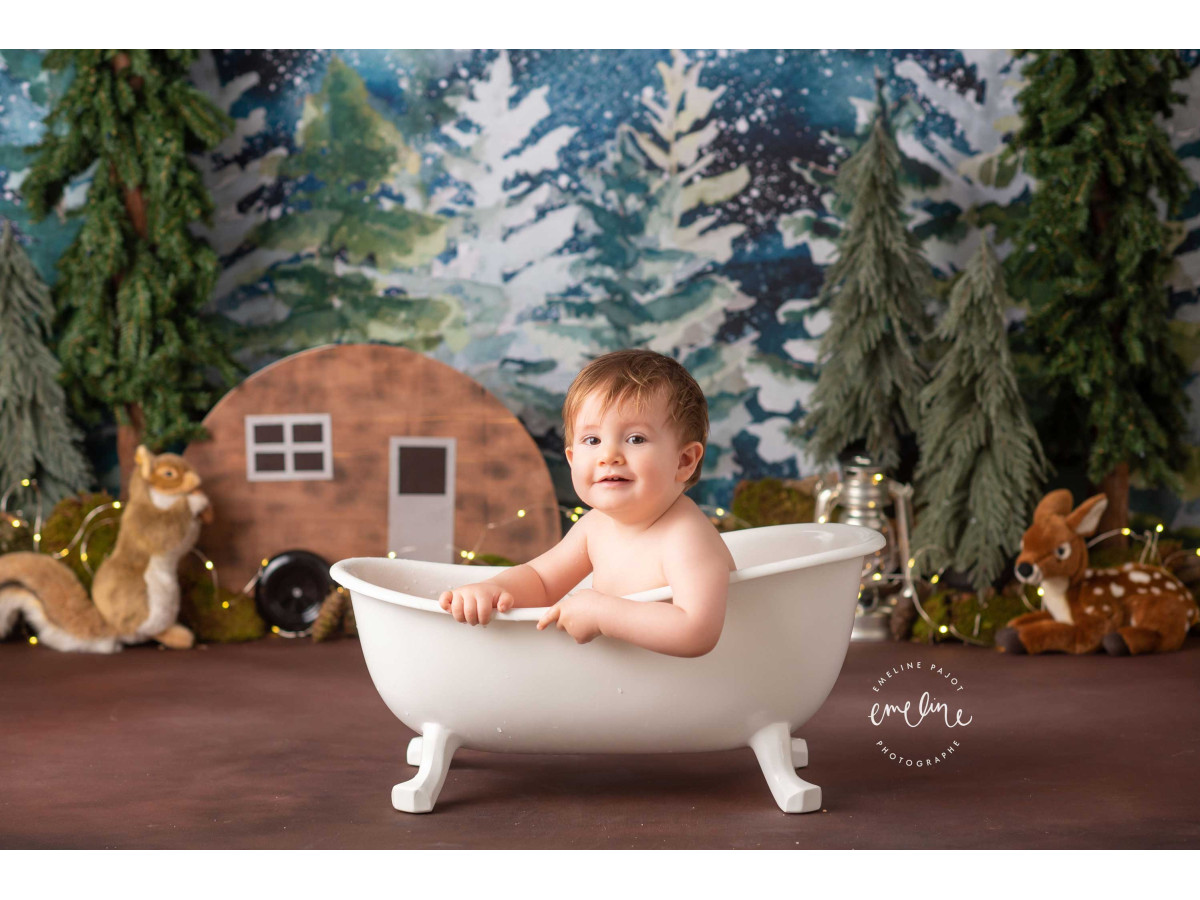 Baby & cake smash photo backdrop Nuts Forest – fir forest under starry sky with caravan | Colors&Drops