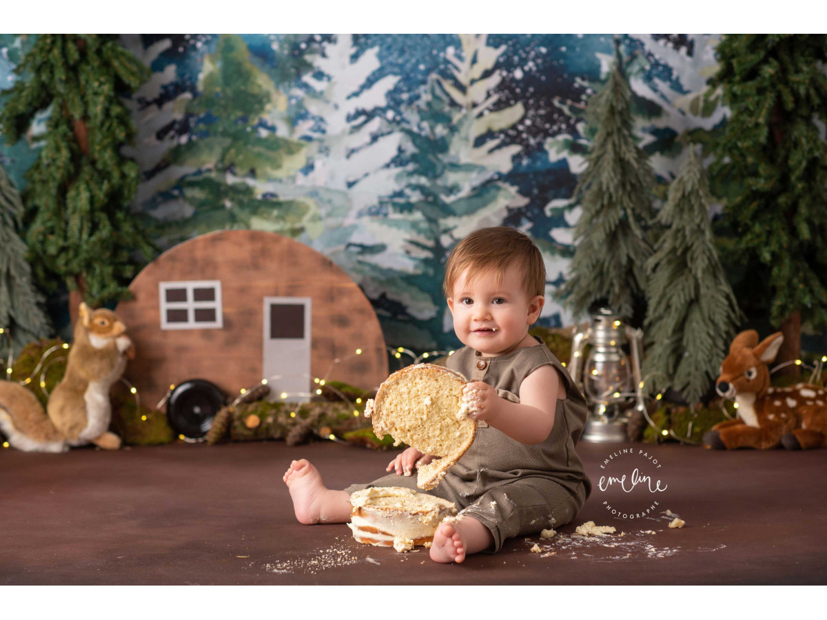 Baby & cake smash photo backdrop Nuts Forest – fir forest under starry sky with caravan | Colors&Drops