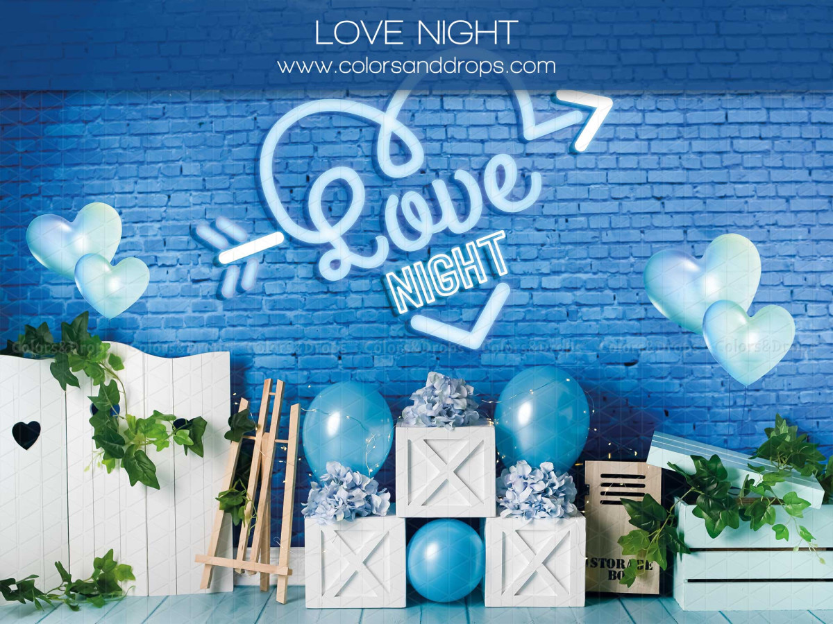 Photo backdrop Love Night – blue brick wall with Love neon sign and balloons | Colors&Drops