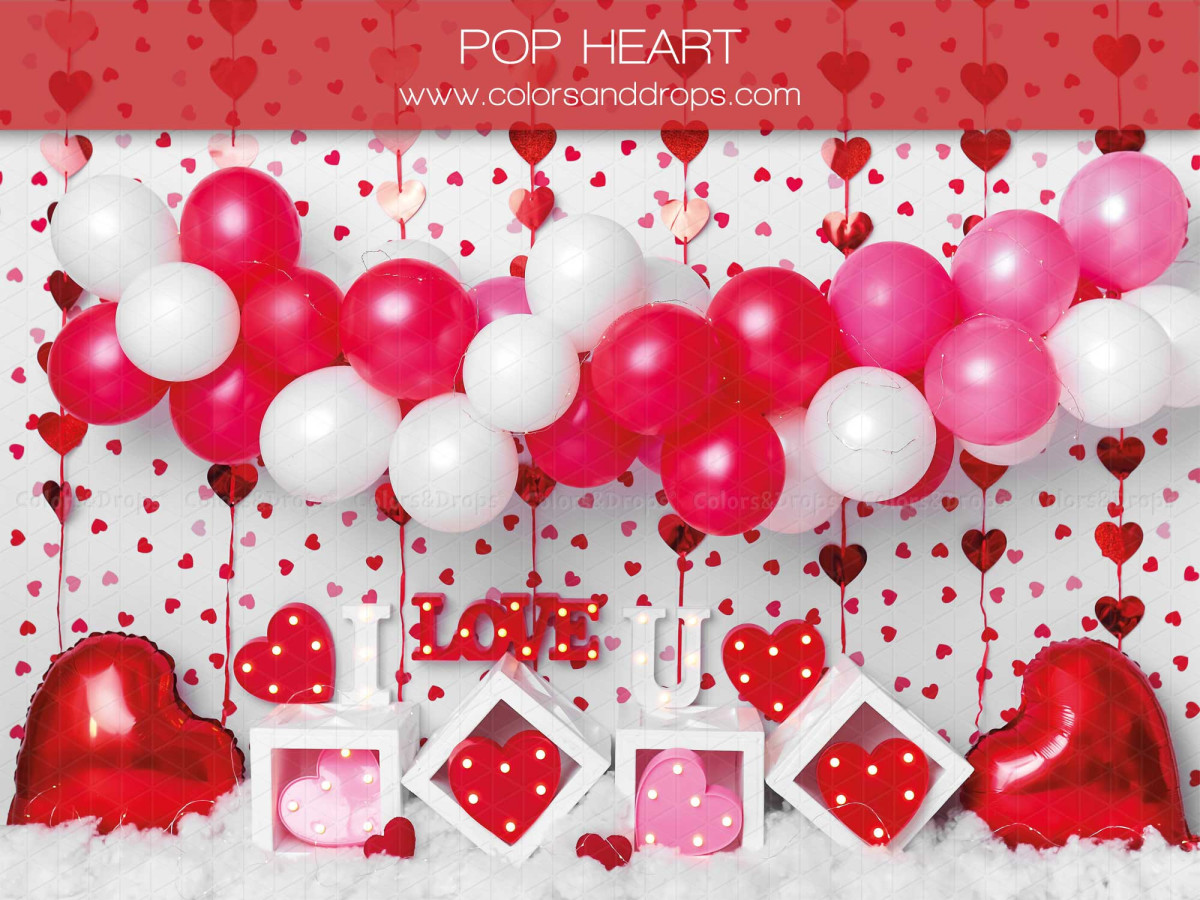 Fondo fotográfico de San Valentín Pop Heart – arco de globos rojos y blancos con corazones | Colors&Drops
