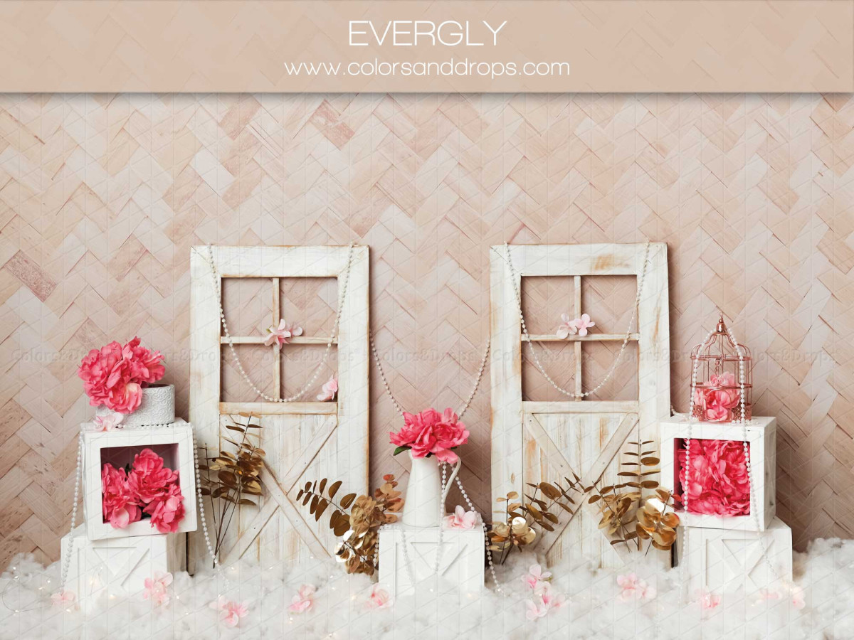 Baby & cake smash photo backdrop Evergly – white doors on woven wall with pink flowers | Colors&Drops