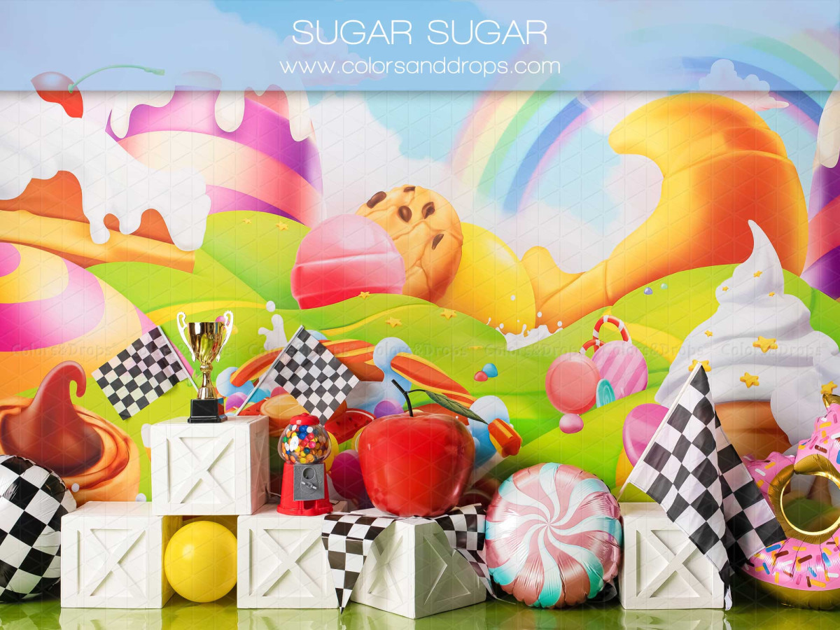 Fond photo bébé et smash cake Sugar Sugar – pays des bonbons avec arc-en-ciel, sucettes et drapeaux | Colors&Drops