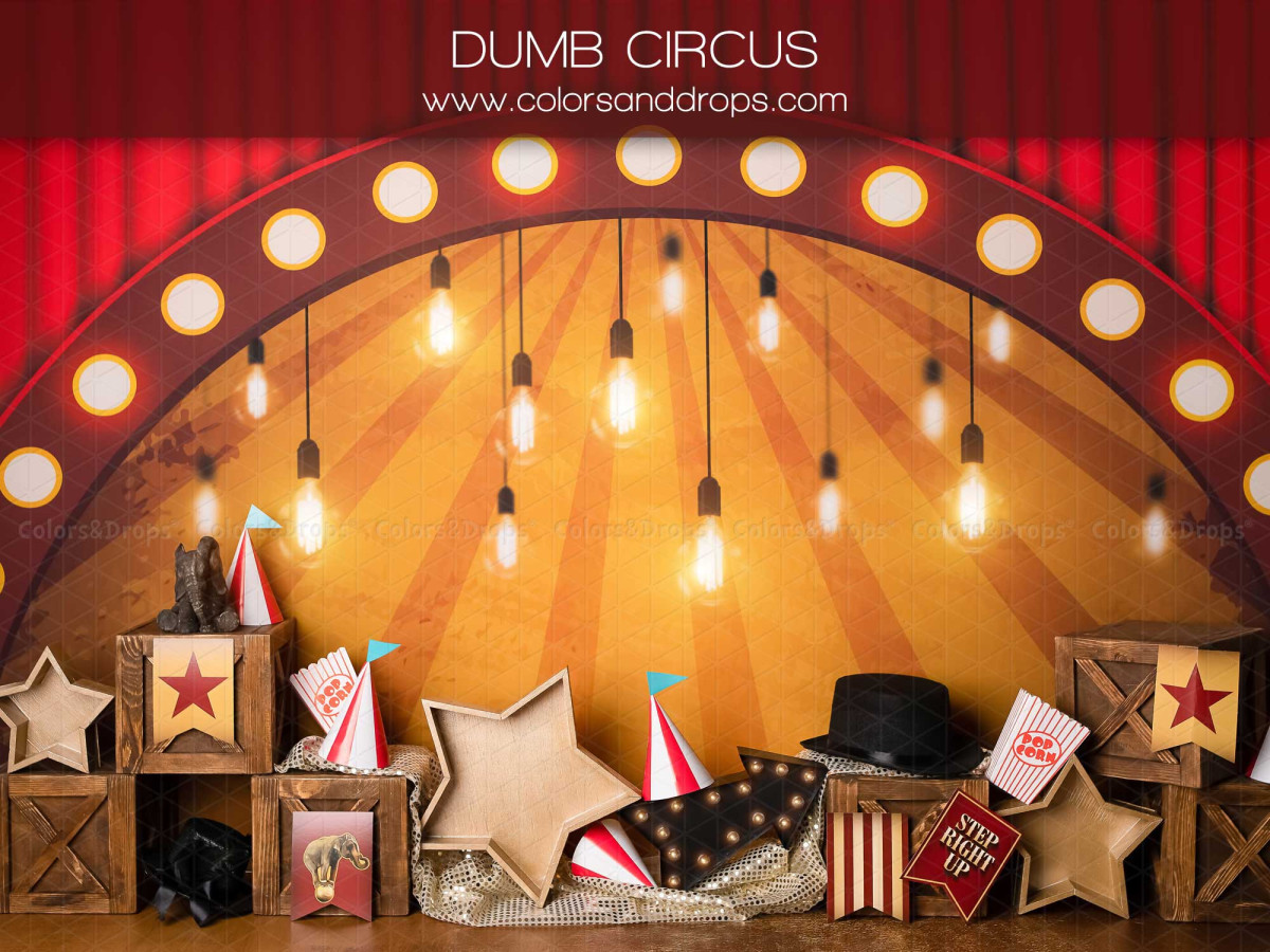 Fond photo bébé et smash cake Dumb Circus – scène de cirque avec ampoules, étoiles et rideau rouge | Colors&Drops