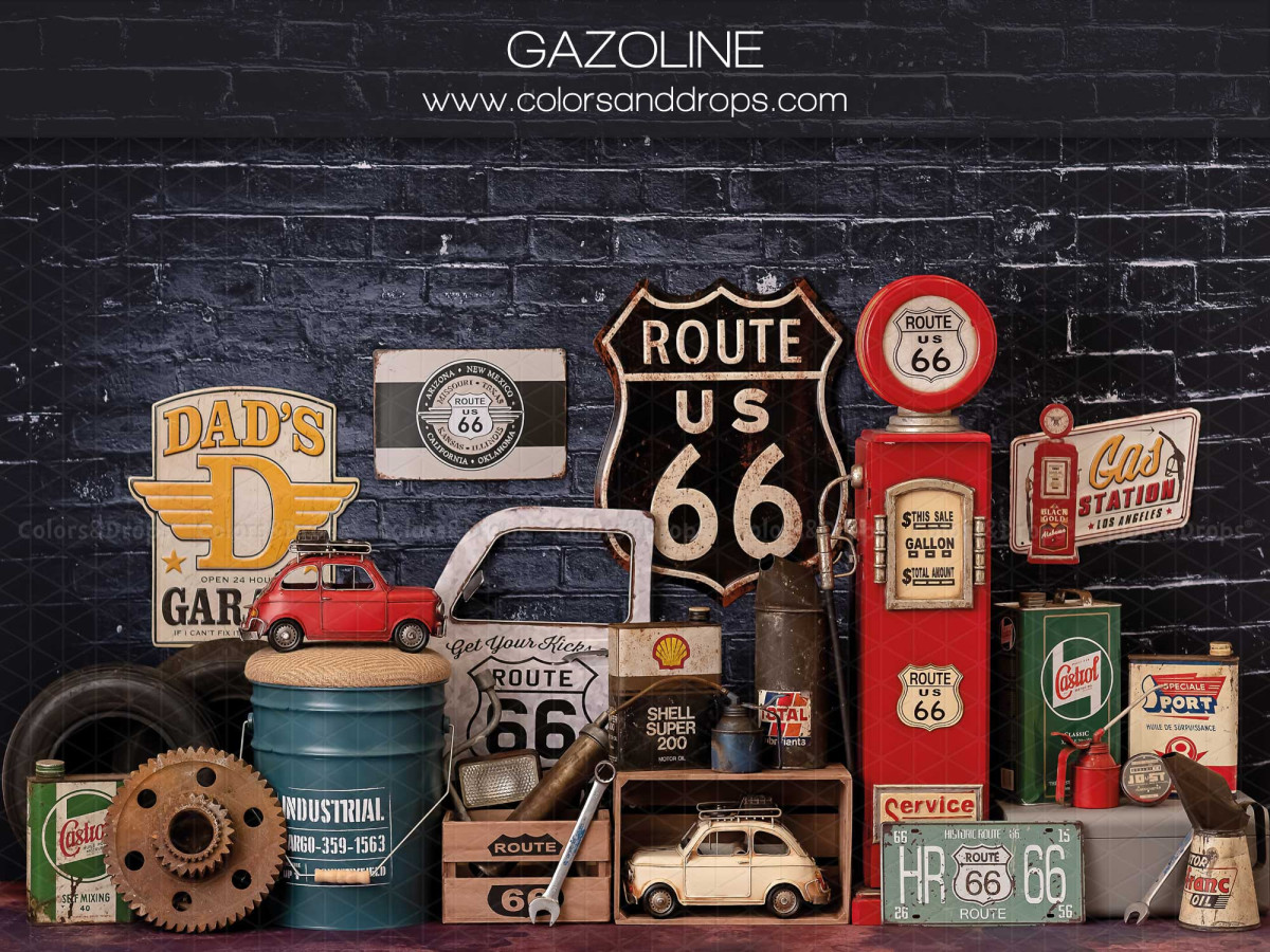 Fond photo bébé et smash cake Gazoline – garage vintage Route 66 sur mur en brique noir | Colors&Drops