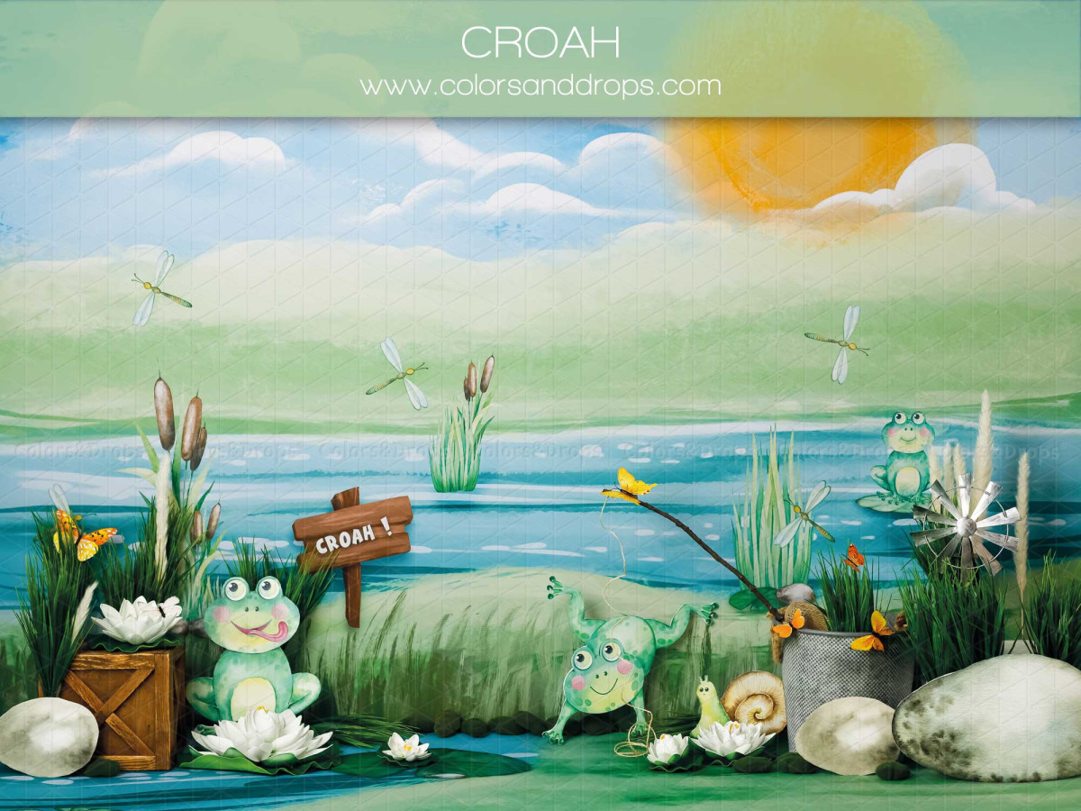 Fondo fotográfico de bebé y smash cake Croah – estanque en acuarela con ranas, juncos y sol | Colors&Drops