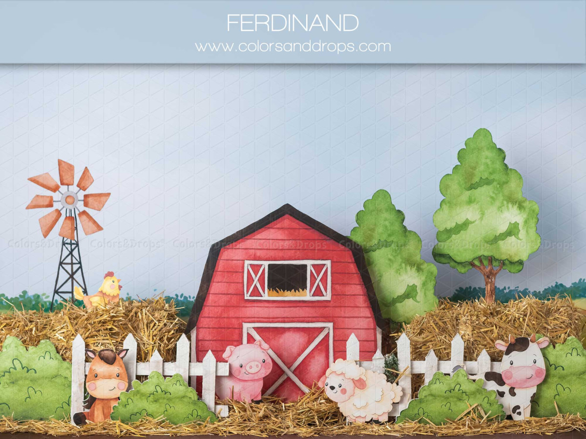 Fondo fotográfico de bebé y smash cake Ferdinand – granja pintada con granero rojo, molino y animales | Colors&Drops