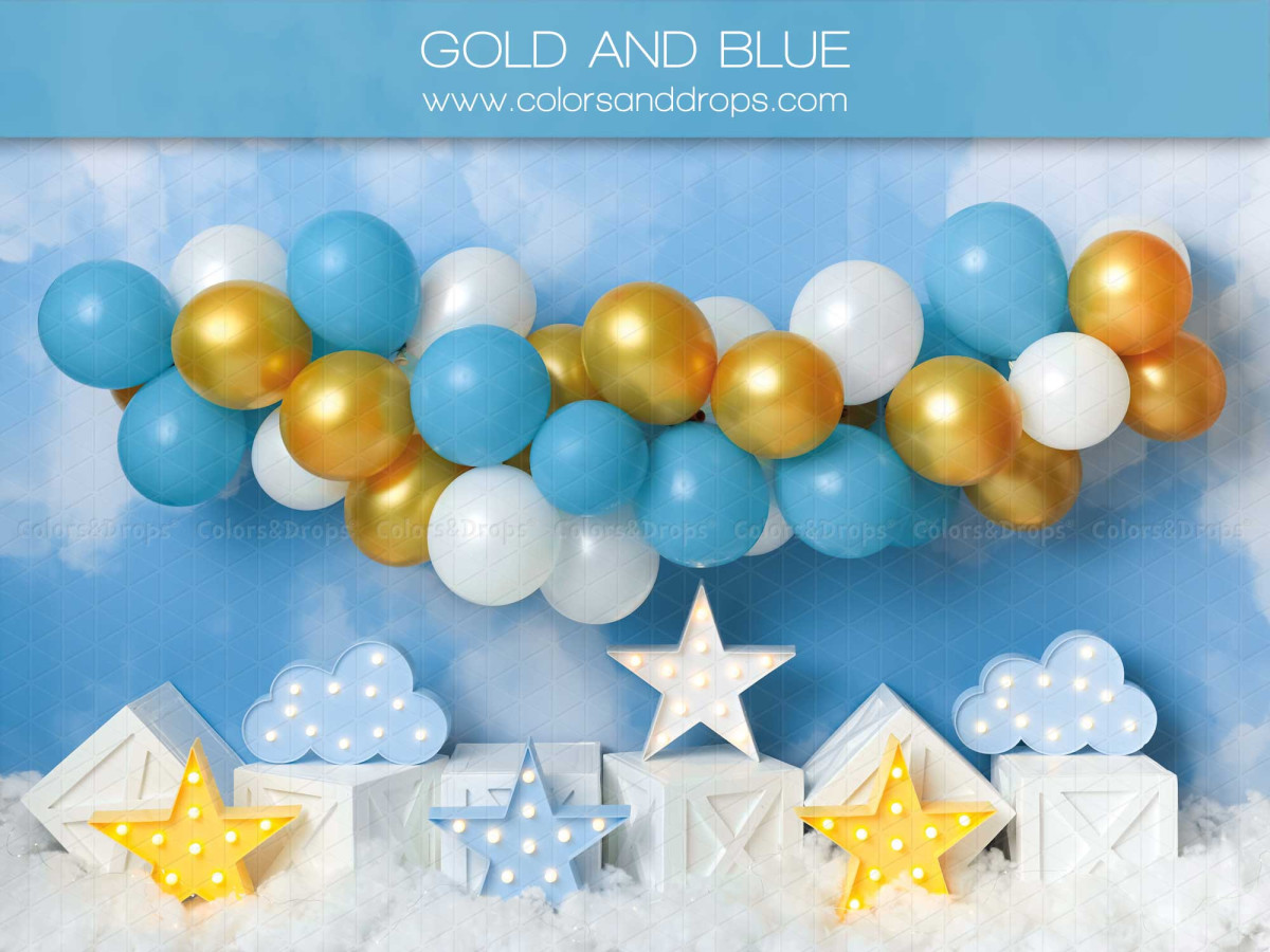 Fond photo bébé et smash cake Gold and Blue – arche de ballons bleus et dorés avec étoiles et nuages | Colors&Drops