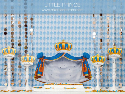 Baby & cake smash photo backdrop Little Prince – royal blue throne with gold crowns and columns | Colors&Drops