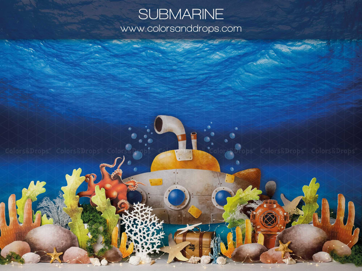 Fond photo bébé et smash cake Submarine – sous-marin jaune sous la mer avec coraux | Colors&Drops