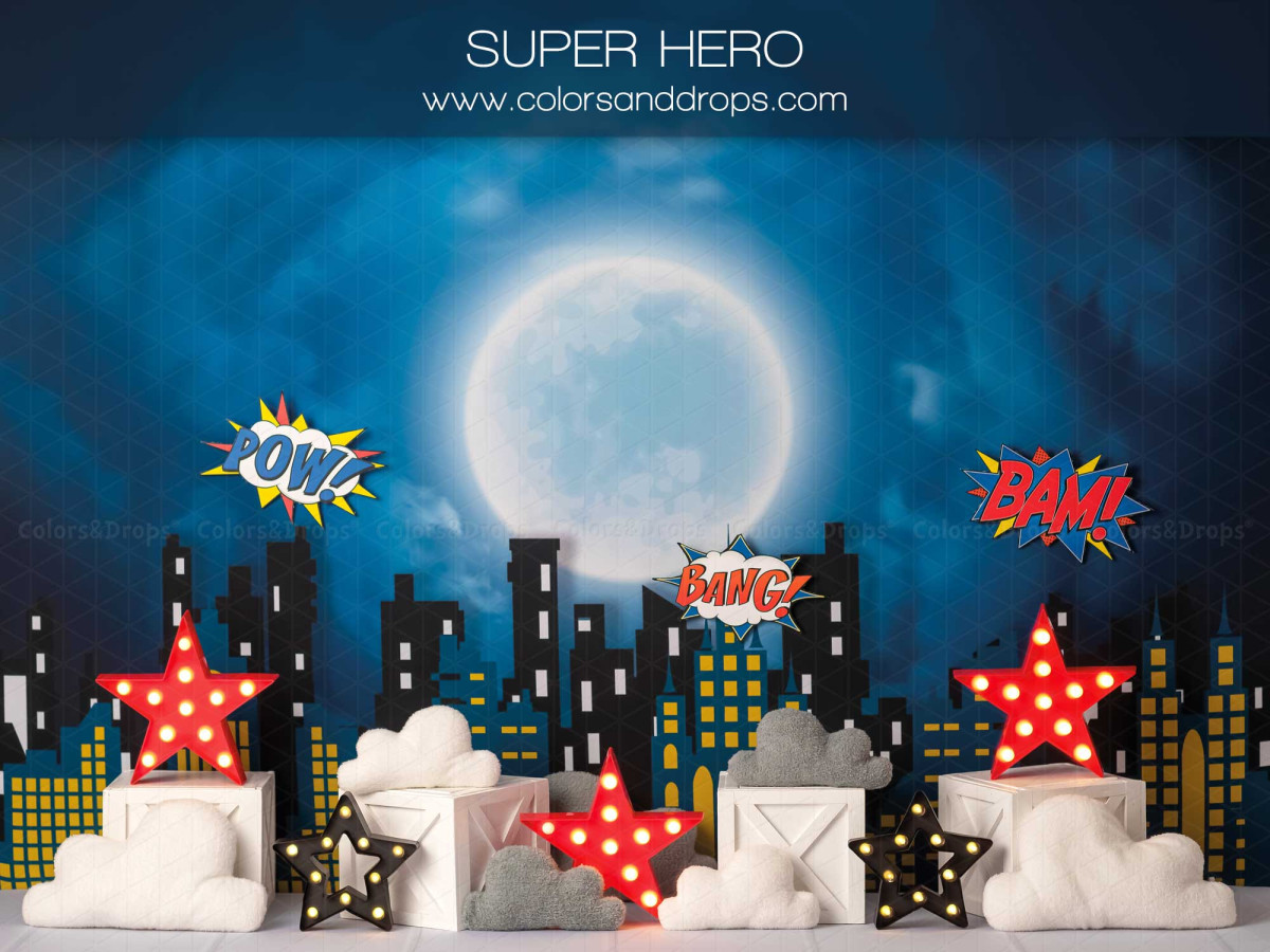 Fond photo bébé et smash cake Super Hero – ville de nuit avec pleine lune, étoiles et bulles BD | Colors&Drops