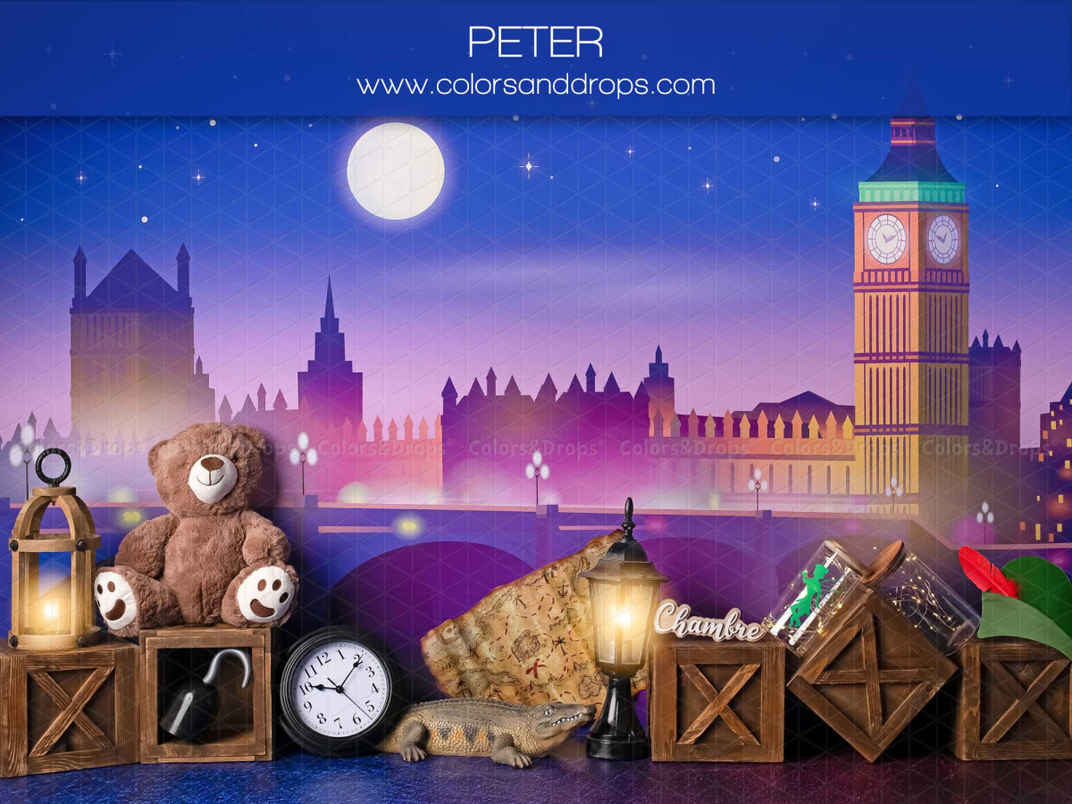 Fond photo bébé et smash cake Peter – londres de nuit avec Big Ben, ourson et caisses | Colors&Drops